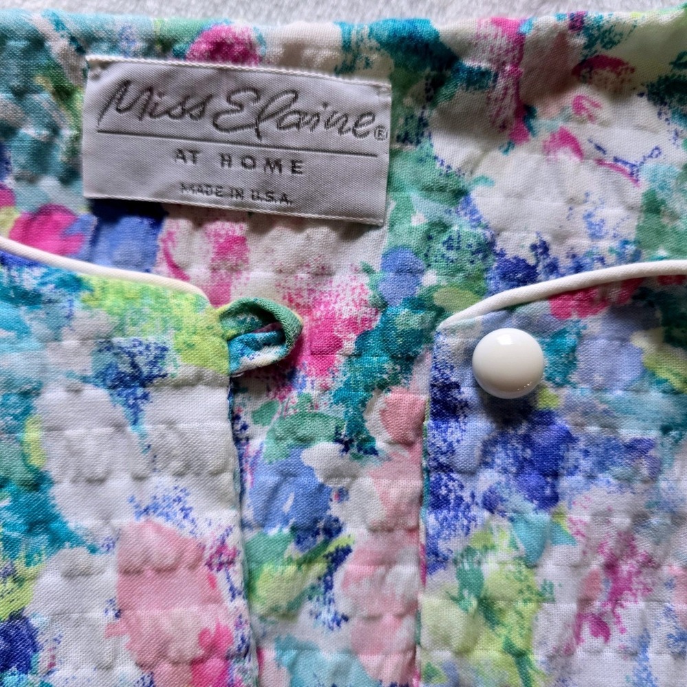 Miss Elaine At Home Floral Seersucker Housecoat Duster Robe Zip Large Blue Pink - Picture 6 of 14